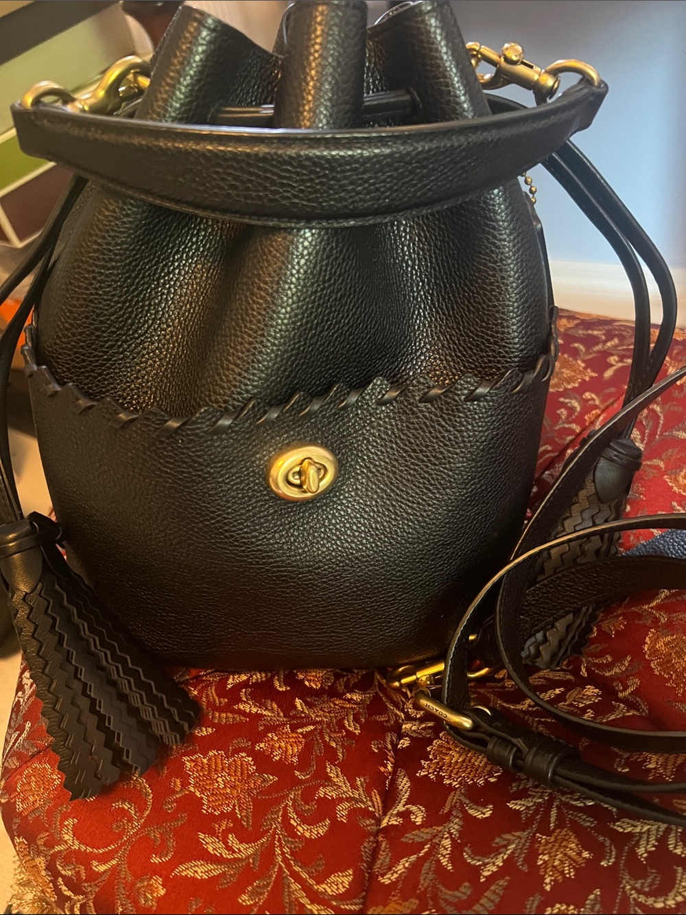 Coach Black Leather Lora Bucket Bag-Gold Hardware w/top handle & crossbody strap